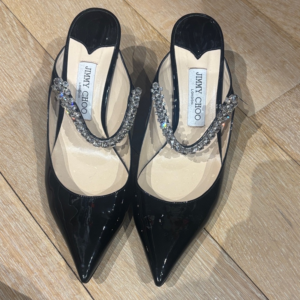 Jimmy Choo Black Patent Pointed Toe Slingback Heels with Crystal Strap